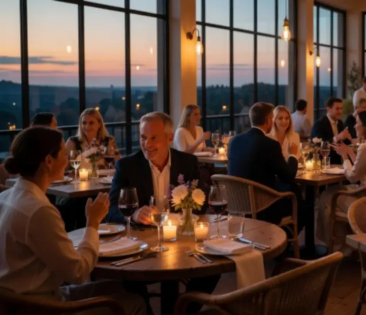 Elegant evening pavilion dining at The Grand River Room with softly lit tables and guests in conversation.