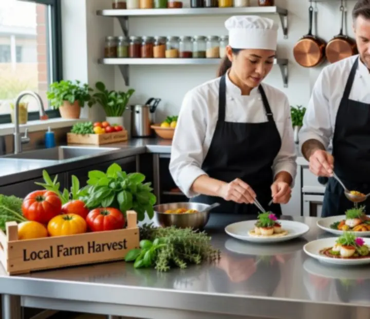 Kitchen team plating dishes together with focus and camaraderie.