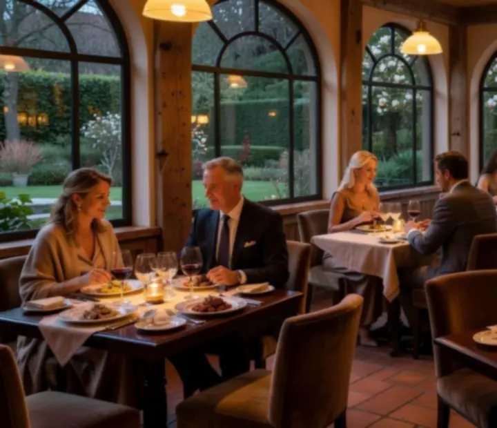 Guests enjoying fine dining in a warm, modern pavilion