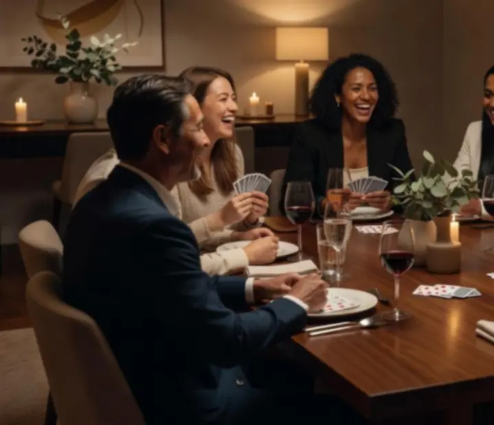 Guests gathered around a card table, sharing laughter and conversation