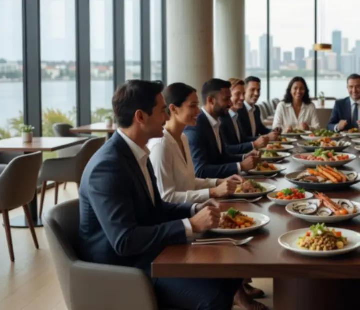 Colleagues enjoying a refined corporate dinner with attentive service.