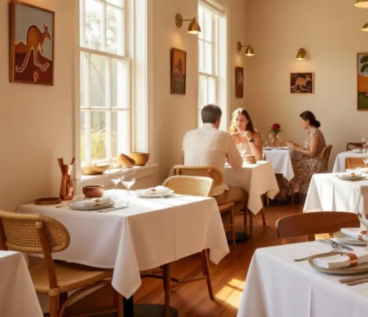 Warmly lit dining room at The Grand River Room with cream tones and copper details