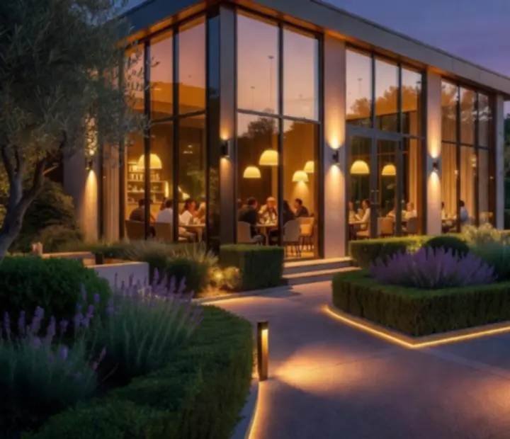 Exterior of The Grand River Room at twilight with warm interior light spilling into landscaped courtyards.