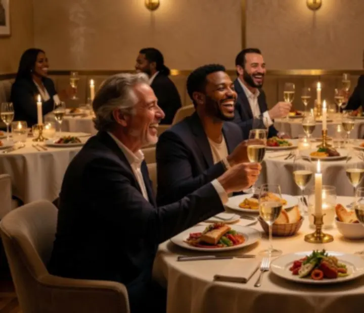 Guests sharing food and conversation at an evening event bathed in warm light.