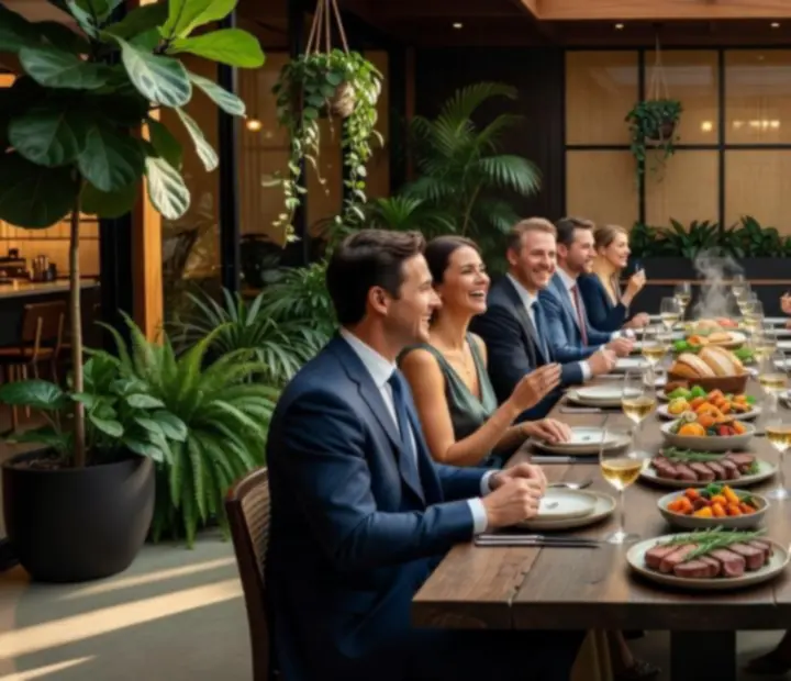 Banquet-style dining setup with guests enjoying a private event in the pavilion.