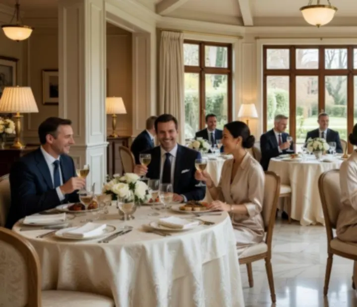 Guests enjoying fine dining in a warmly lit pavilion at The Grand River Room
