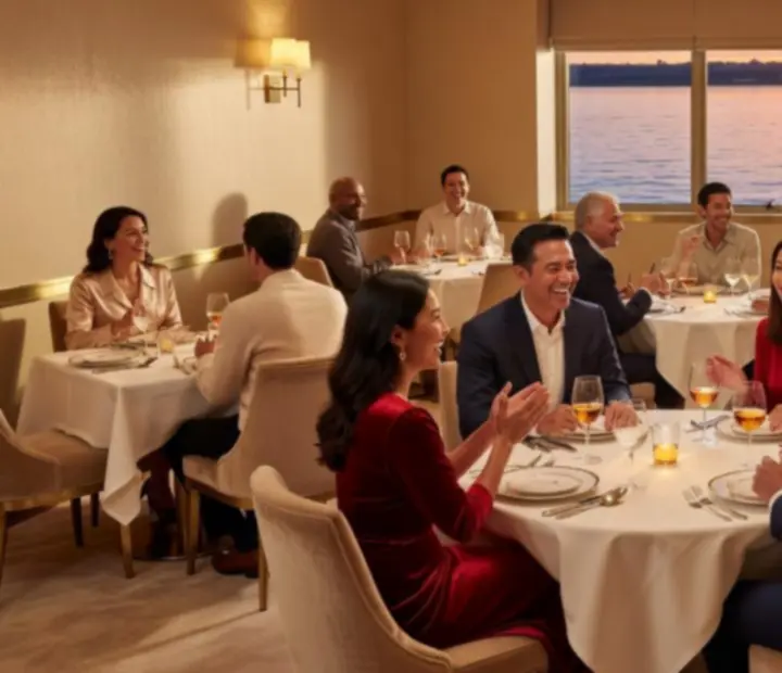 Champagne-beige bistro interior with softly lit tables and warm hospitality