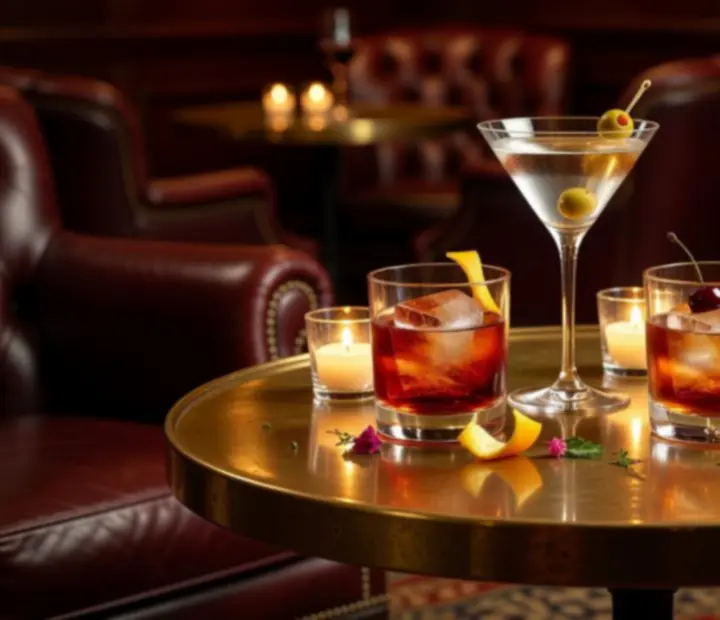 Signature cocktails and Australian wines resting on a polished brass table by candlelight.