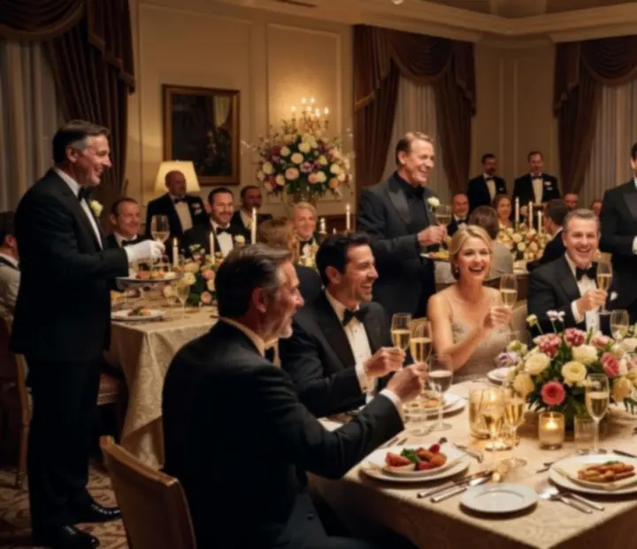 Guests celebrating a special occasion in the main dining hall with shared plates and toasts.