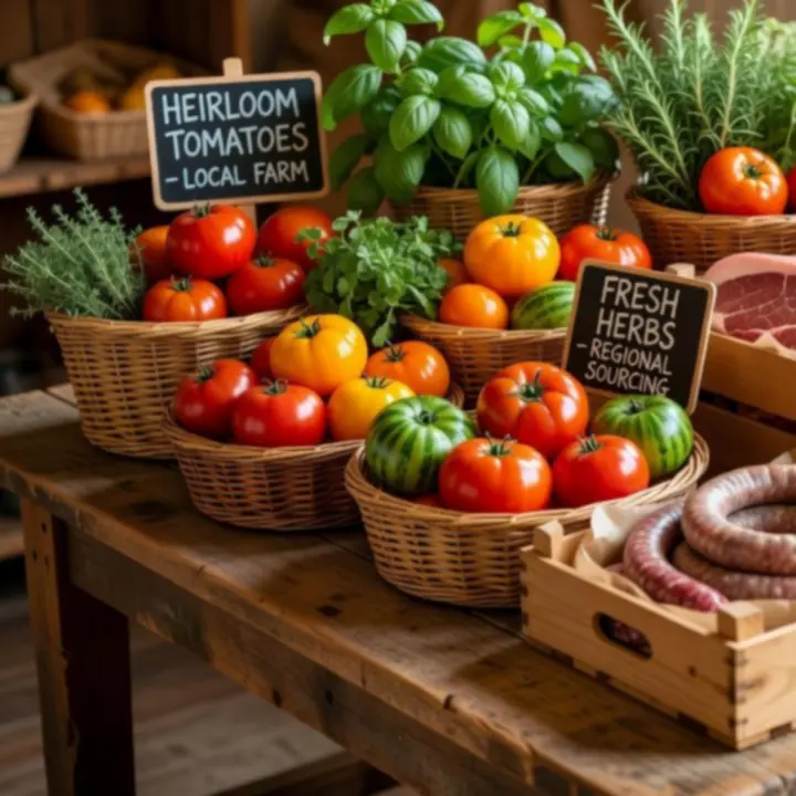 Baskets of fresh local produce and specialty cuts arranged in a warm-toned setting.